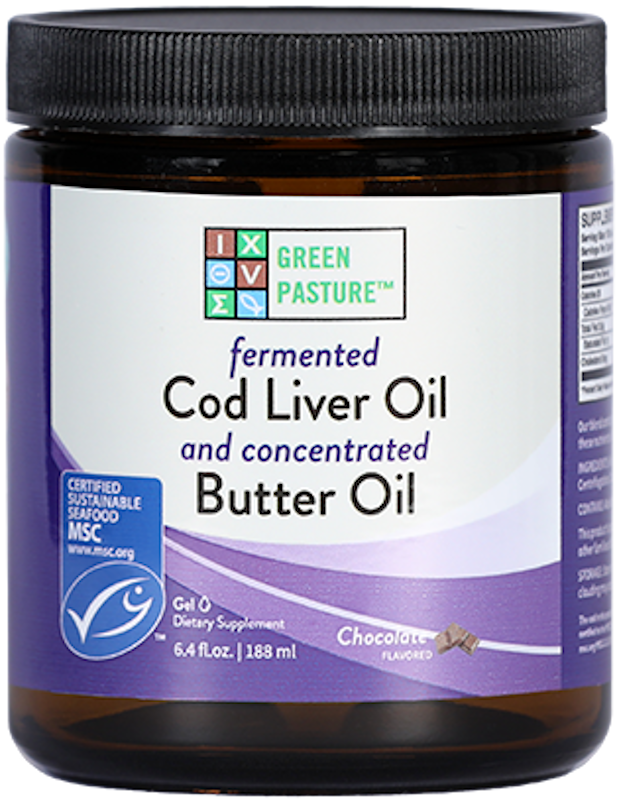 Green Pasture Gefermenteerde Levertraan boter Olie Blend Chocolate 188 Ml Gel